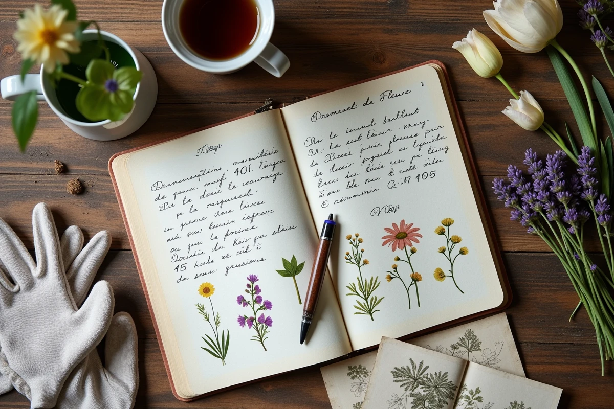Disposition à plat de carnets de jardinage, sachets de graines et fleurs séchées sur une table en bois, retour d'expérience de jardinage