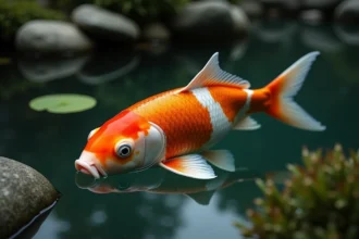 Carpe koï japonaise aux écailles orange et blanches nageant dans un bassin traditionnel japonais entouré de pierres et de feuilles de lotus