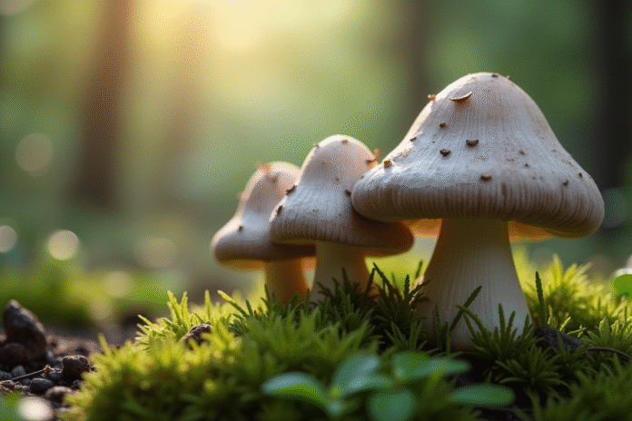champignon-girolle-sauvage Champignons de girolle grise dans la forêt humide