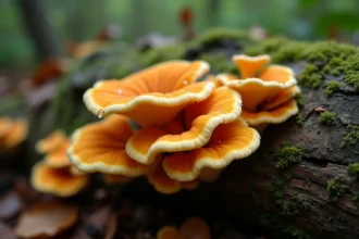 Champignons orange en étagères sur un tronc mort en forêt tempérée, vue grand angle documentaire au ras du sol