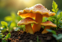 Champignons chanterelle et girolle dans un jardin verdoyant