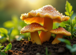 Champignons chanterelle et girolle dans un jardin verdoyant