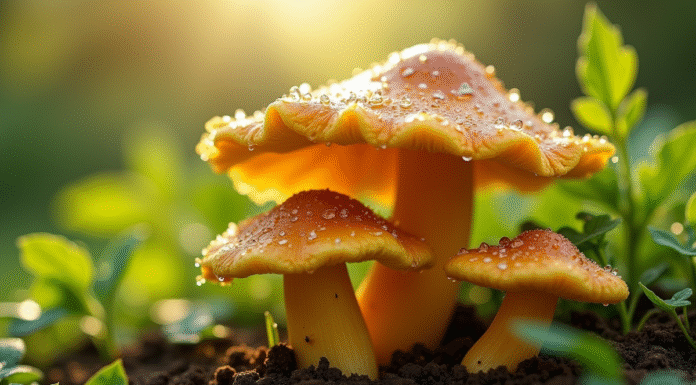 Champignons chanterelle et girolle dans un jardin verdoyant