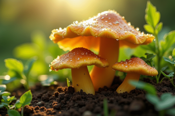 champignons-golden-chanterelle-girolle Champignons chanterelle et girolle dans un jardin verdoyant