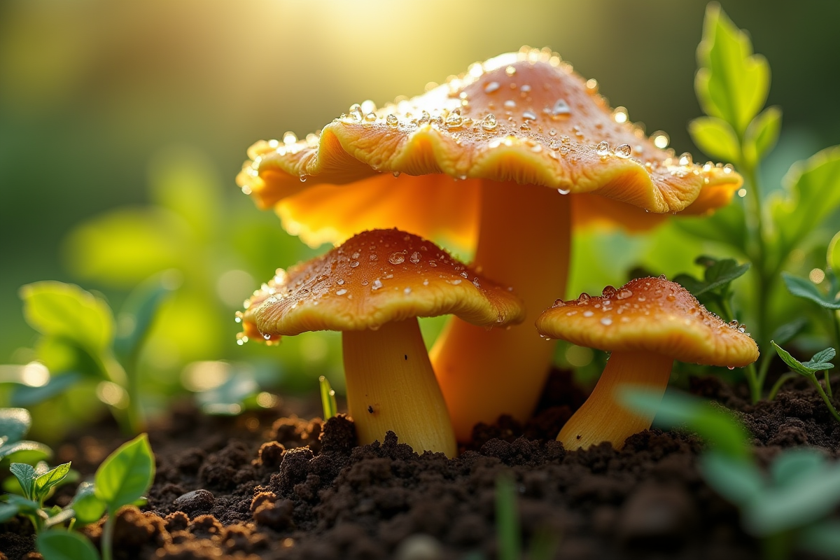 Champignons chanterelle et girolle dans un jardin verdoyant