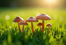 Gros plan de champignons dans un gazon vert brillant