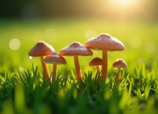 Causes des champignons sur les pelouses : prévenir et traiter efficacement ? Gros plan de champignons dans un gazon vert brillant