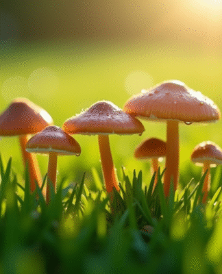 Gros plan de champignons dans un gazon vert brillant