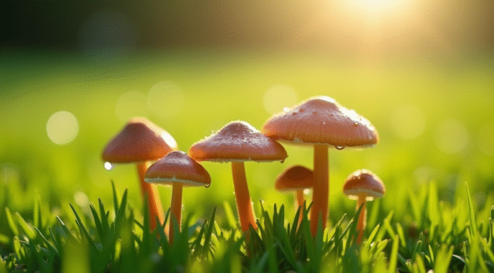 Gros plan de champignons dans un gazon vert brillant
