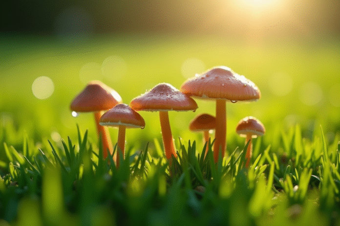Gros plan de champignons dans un gazon vert brillant