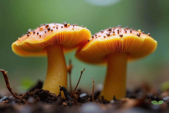 chanterelles-mushrooms-foret Gros plan sur fausse et vraie chanterelle côte à côte