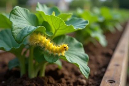 Chenille jaune et verte en gros plan sur une feuille de légume dans un potager biologique