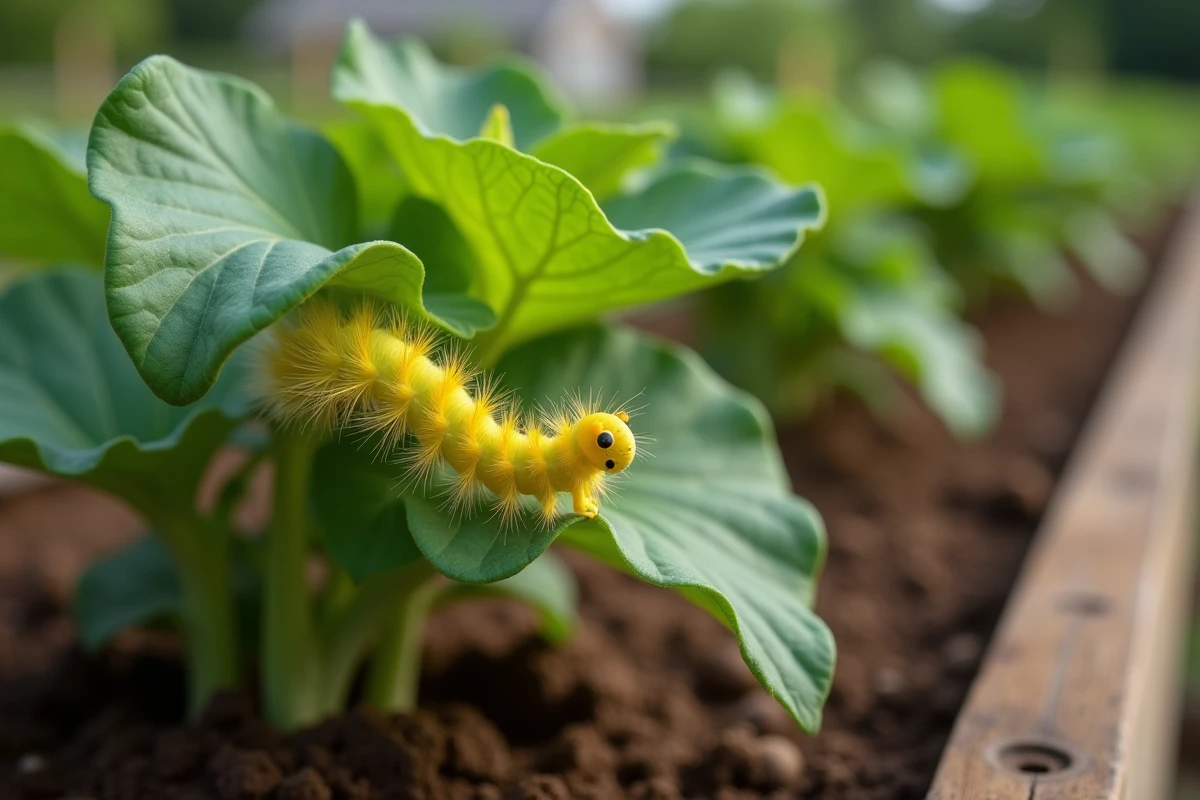 Chenille jaune et verte en gros plan sur une feuille de légume dans un potager biologique