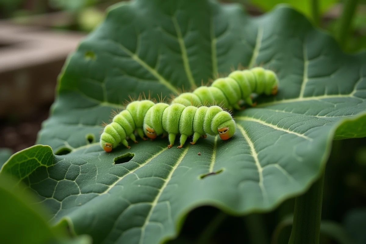 Plusieurs chenilles vertes sur une feuille de brassica abîmée avec des trous de morsures visibles au jardin