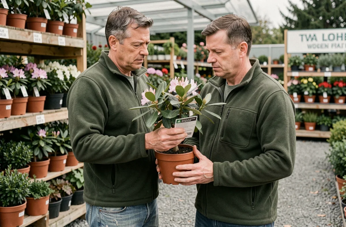 Homme lisant une étiquette de culture sur un rhododendron en pot dans une jardinerie avant de le planter en pleine terre