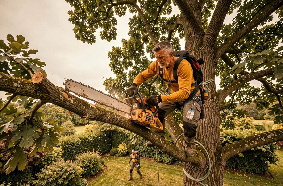 Élagueur de Ciel et Terre travaillant en hauteur sur un arbre dans un jardin du Nord