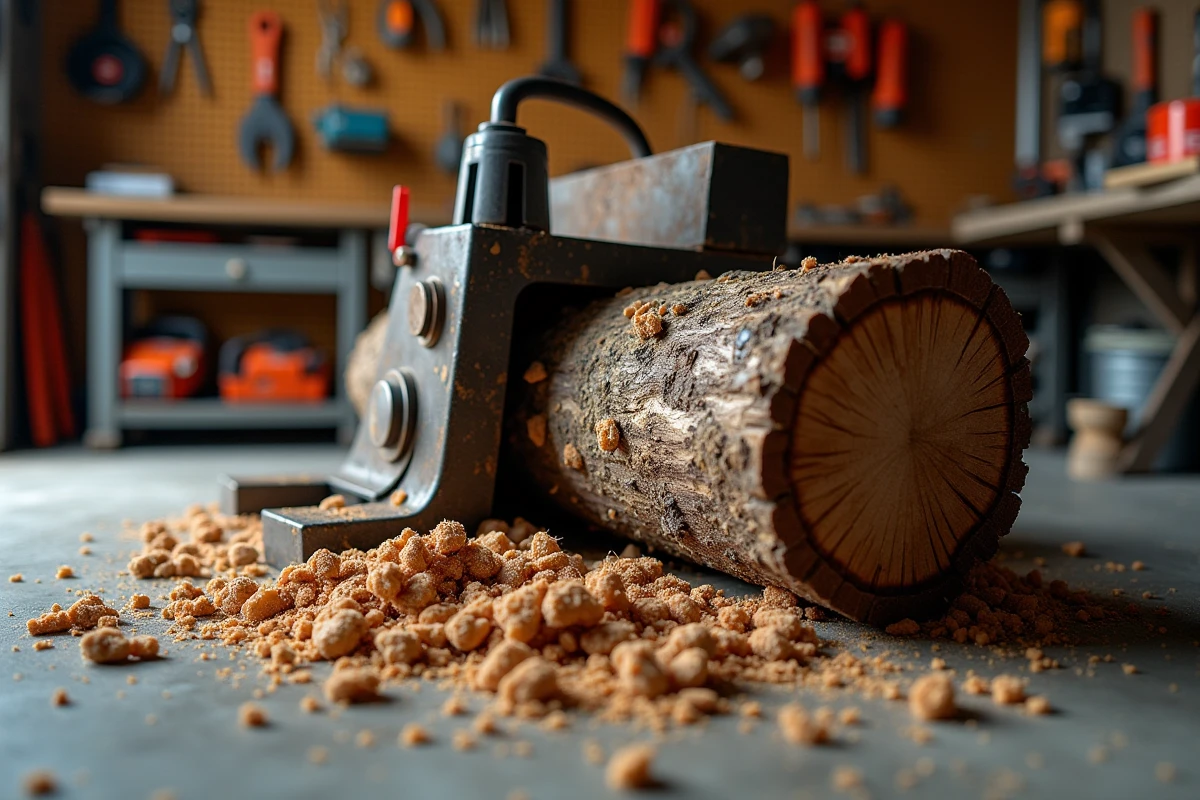 Gros plan sur le coin fendu usé d'un grumier hydraulique avec une bûche noueuse résistante