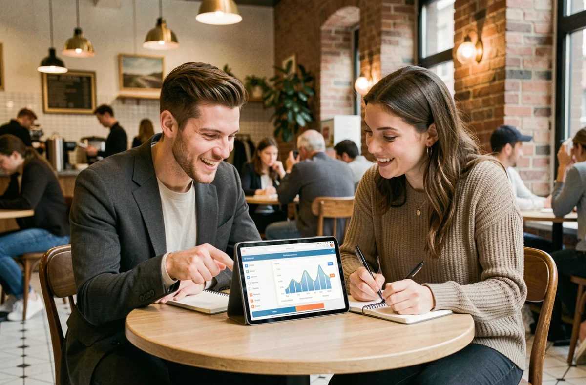 Deux collègues apprenant ensemble à optimiser Google Search Console autour d'une tablette dans un café urbain