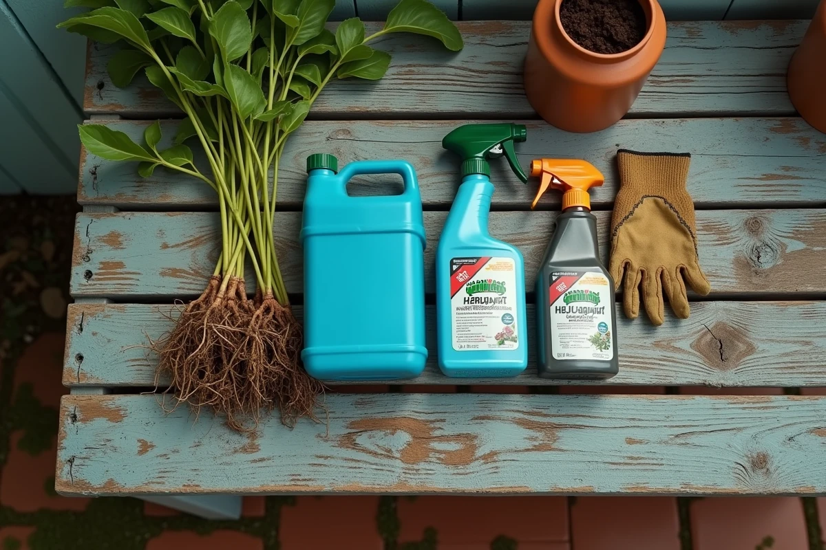 Comparaison côte à côte d'un bidon d'AdBlue et d'un désherbant commercial sur une table de jardin avec des mauvaises herbes arrachées et des gants de jardinage