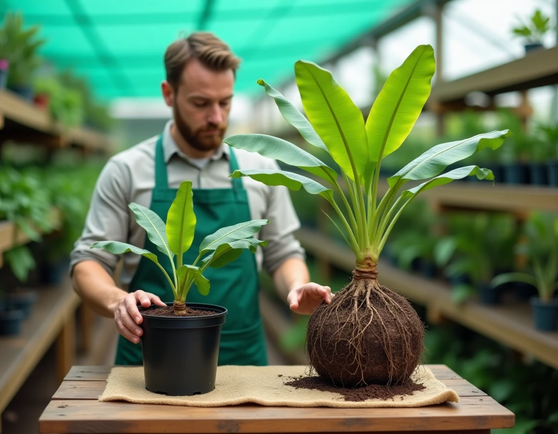 Comparaison bananier en pot et en motte nue par un jardinier professionnel en pépinière