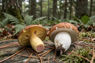 Comparaison entre le bolet à chair jaune et le cèpe comestible coupés en deux sur fond de forêt