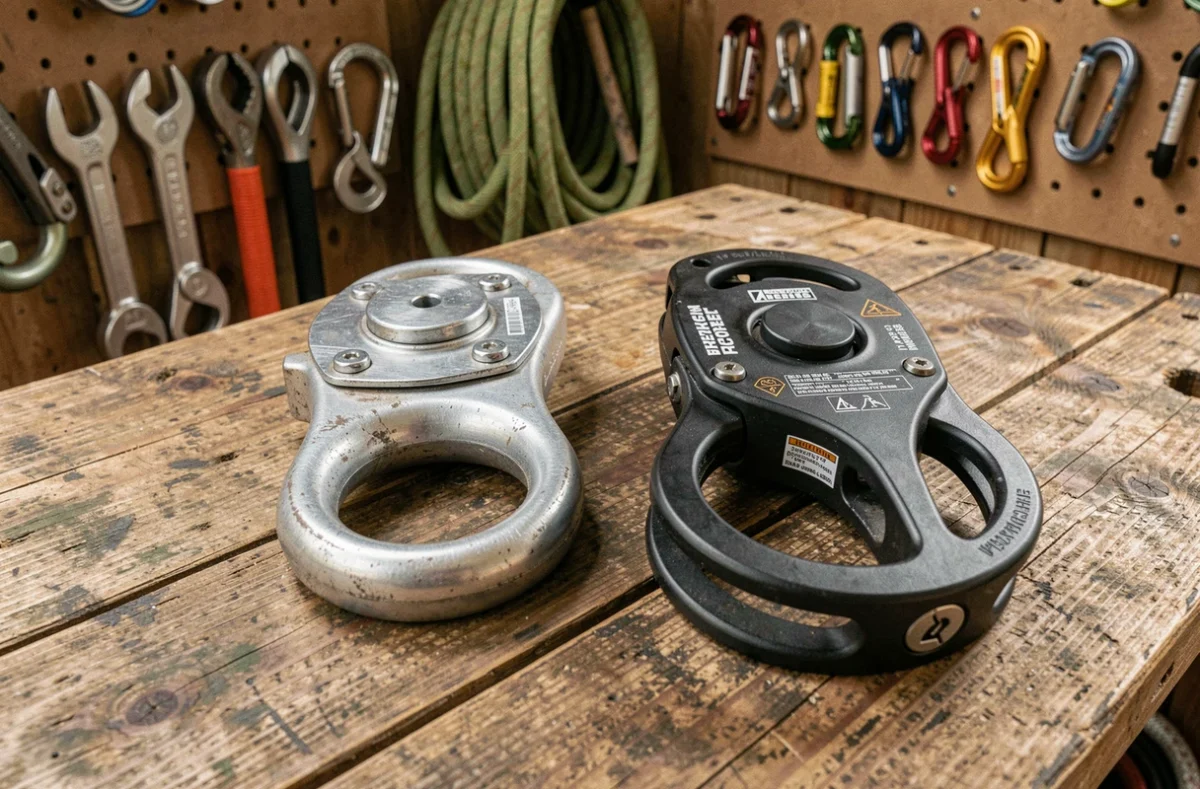 Comparaison de deux descendeurs d'élagage posés sur un établi en bois dans un atelier d'arboriculteur