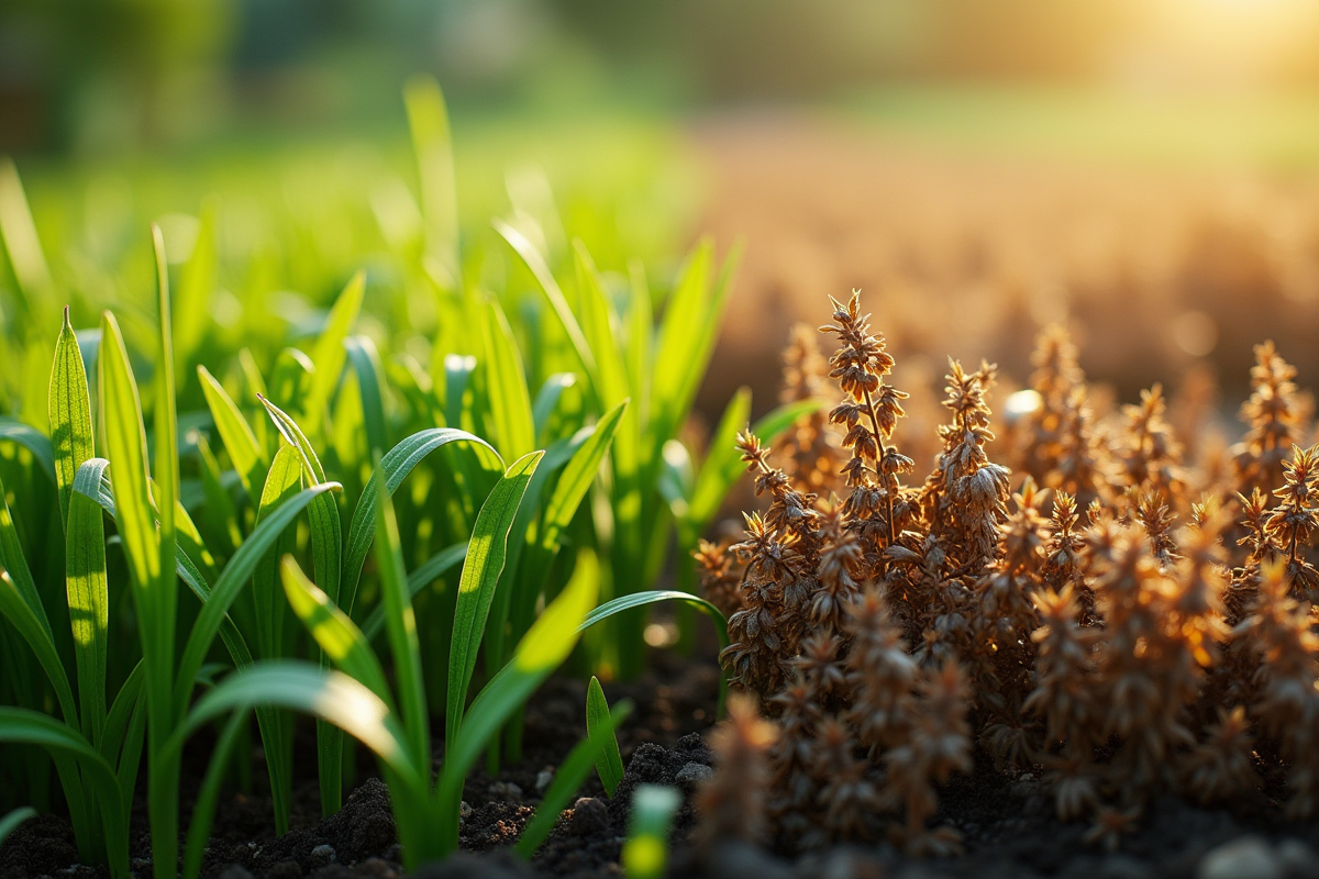 Comparaison de mauvaises herbes vertes et fanées dans un jardin