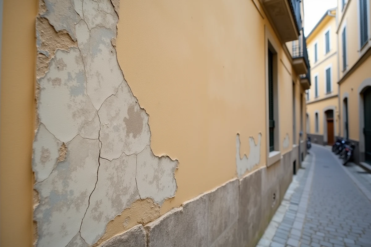 Comparaison d'une façade ancienne dégradée et d'une section rénovée avec peinture airless, illustrant la durabilité dans le temps