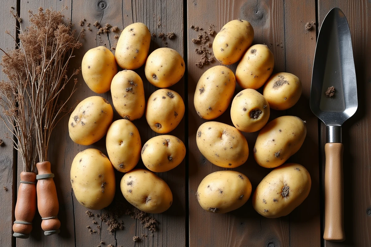 Comparaison de pommes de terre récoltées avec et sans fanes posées sur une table en bois rustique