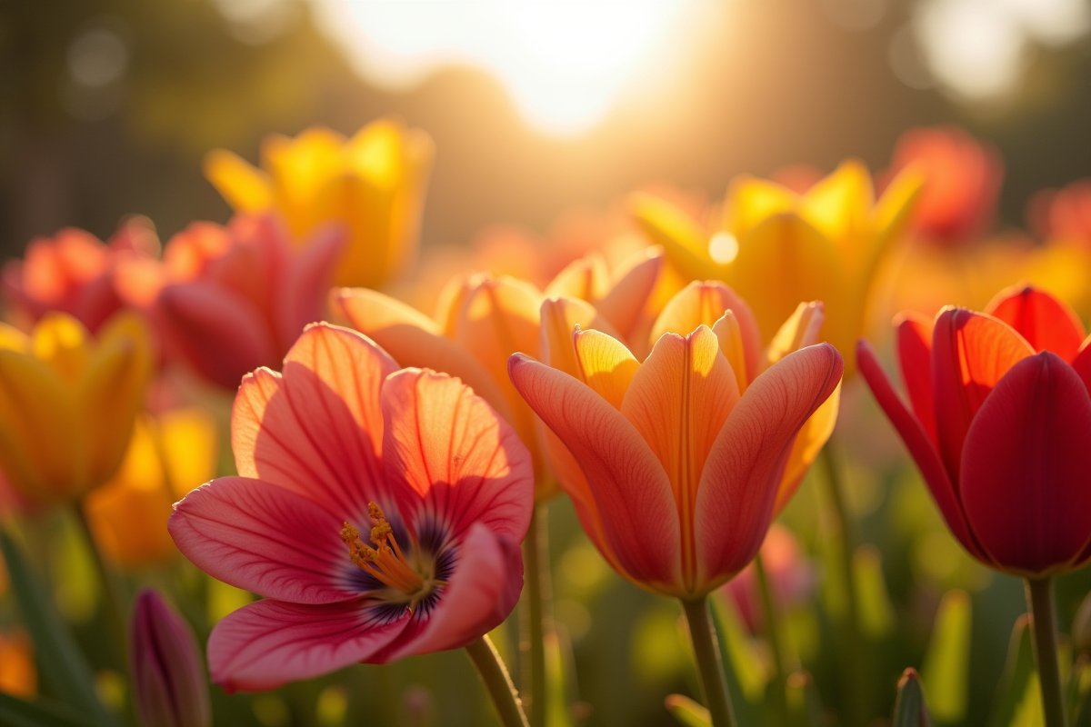Arrangement en L de fleurs colorées en plein soleil