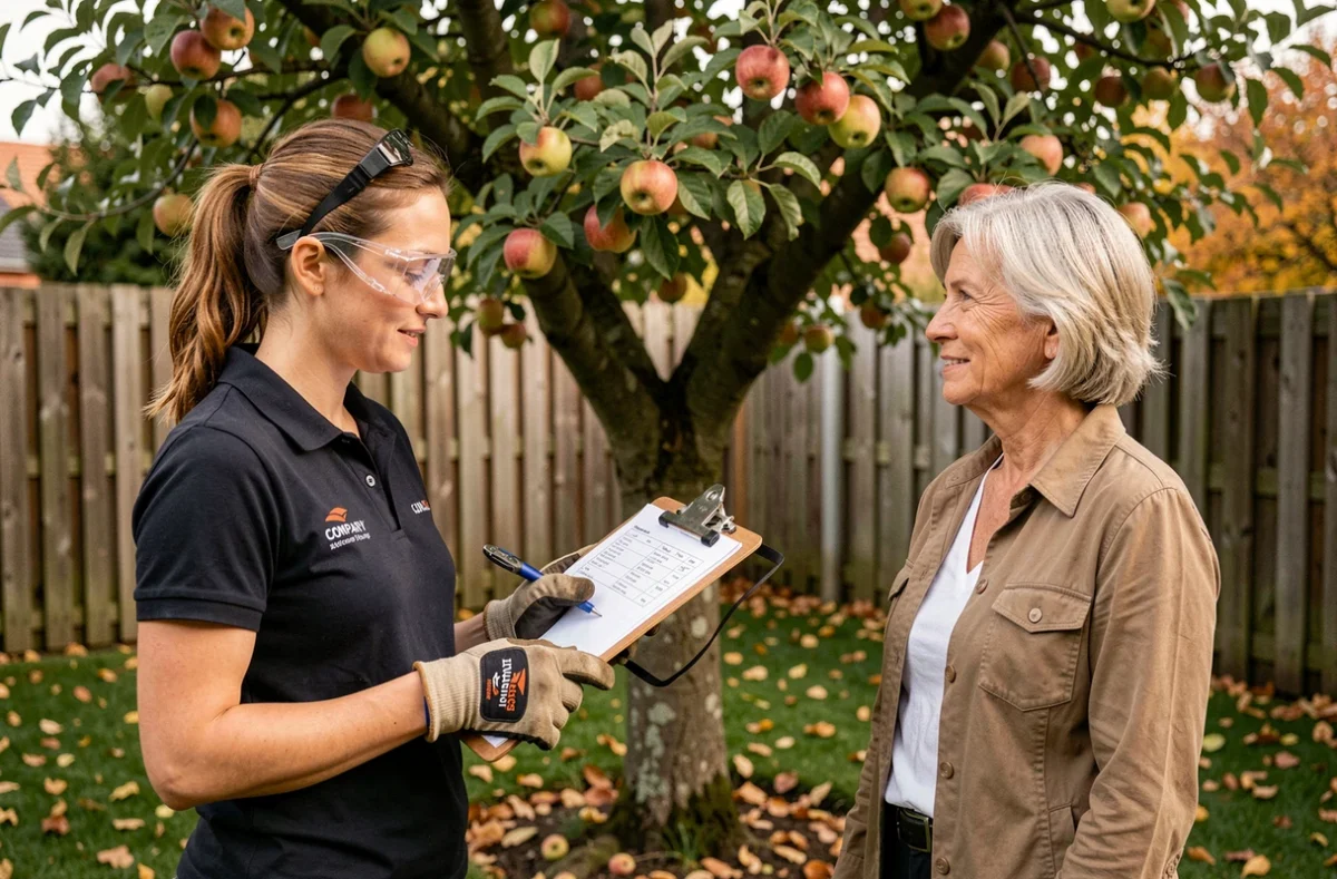 Élagueuse professionnelle en consultation avec une propriétaire pour l'évaluation d'un arbre fruitier