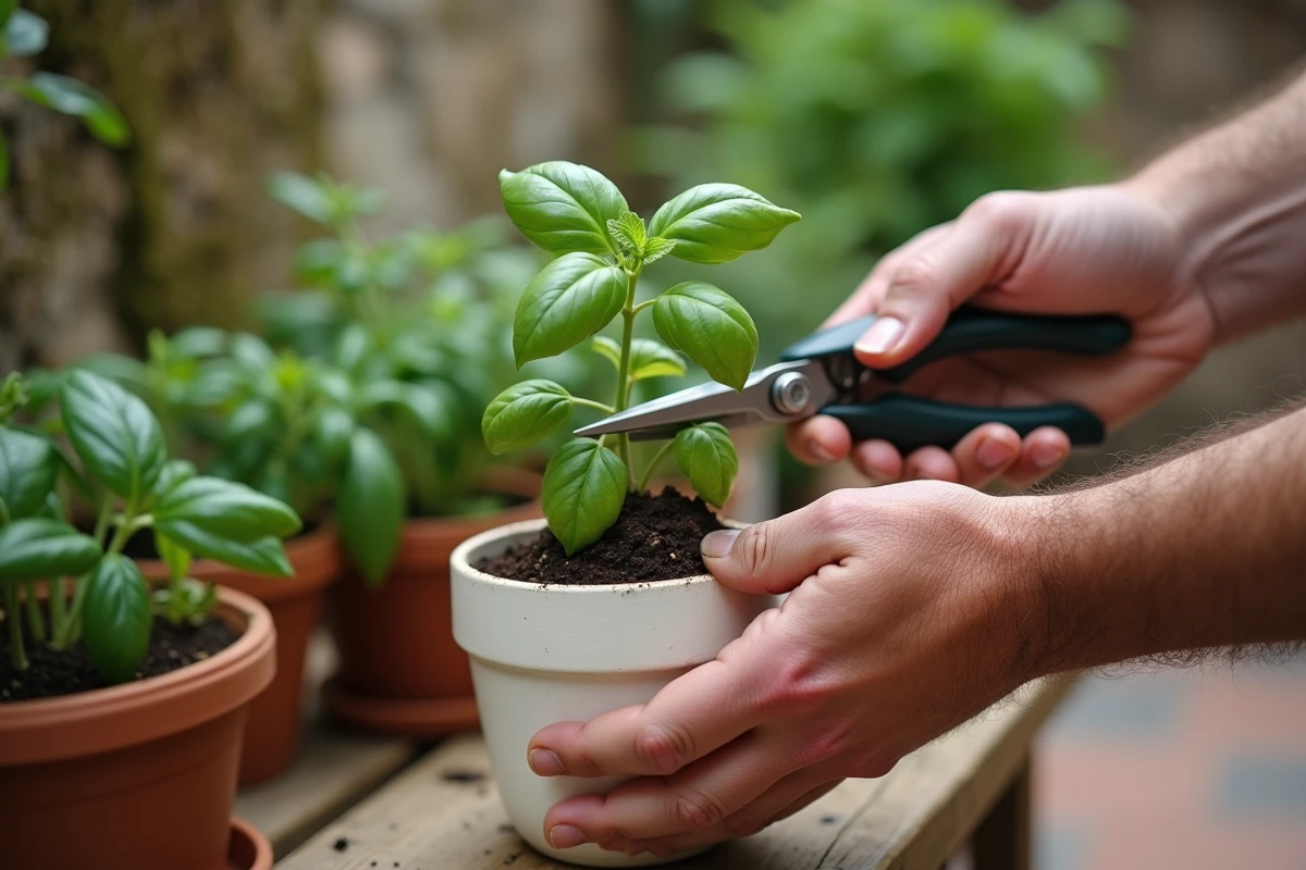 Gros plan de mains masculines coupant le bourgeon floral d'un basilic en pot blanc sur une table de jardinage en bois dans une cour méditerranéenne