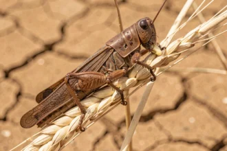 Criquet du désert en train de se nourrir sur un épi de blé sec dans un champ aride