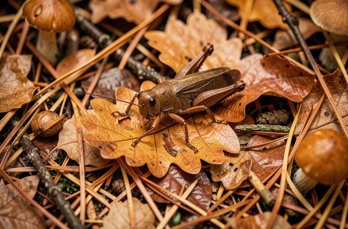 Criquet des champs se nourrissant de feuilles mortes sur le sol d'une forêt en automne
