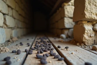Crottes de rongeurs sur un plancher en bois d'une cave en Loire, entourées de débris et d'un règle pour l'échelle