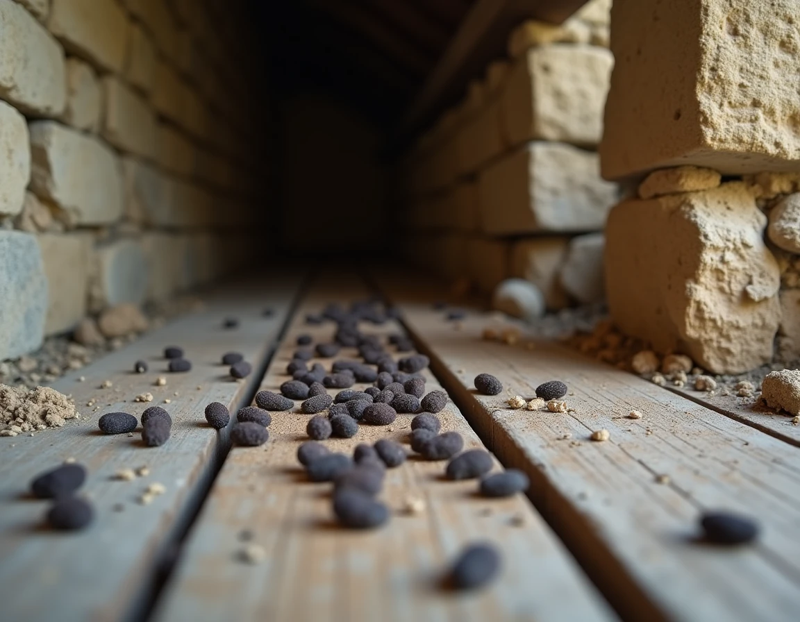 Crottes de rongeurs sur un plancher en bois d'une cave en Loire, entourées de débris et d'un règle pour l'échelle