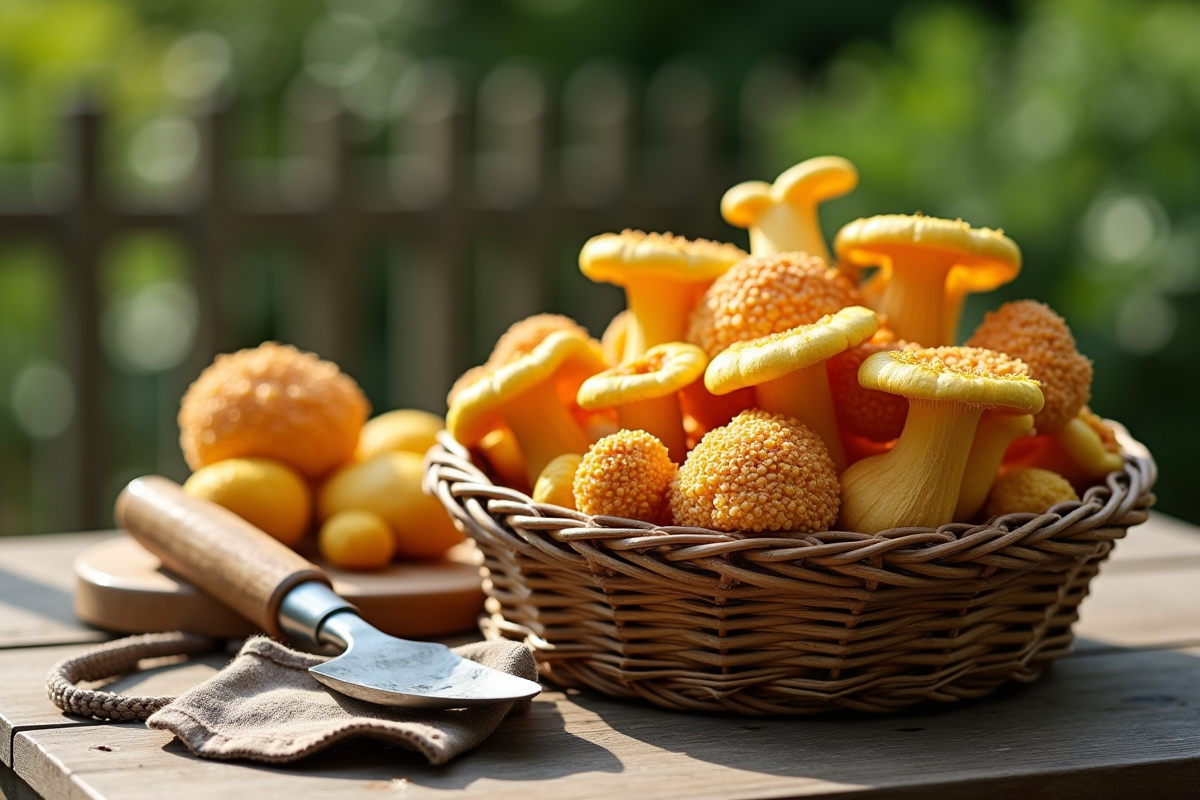 Girolles fraîches dans un panier en osier sur une table en bois