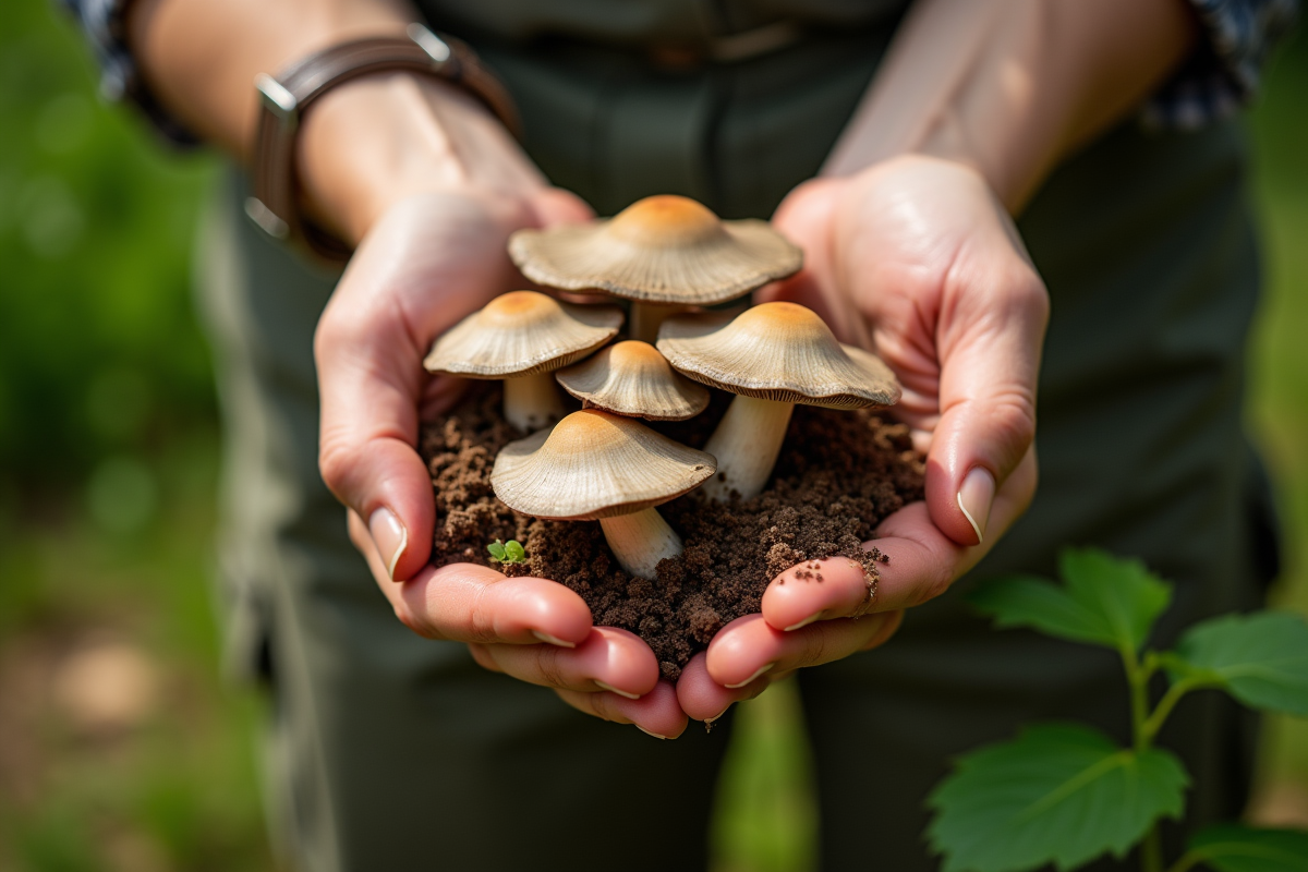 Mains de jardinier récoltant des girolles dans le jardin