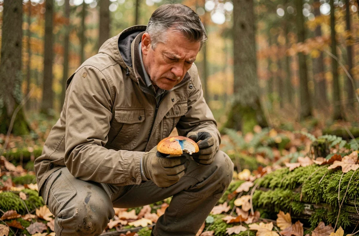 Homme examinant un bolet à chair bleue en forêt lors d'une cueillette aux champignons en automne