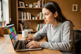 Femme débutante apprenant à utiliser Google Search Console sur son ordinateur portable dans un bureau à domicile chaleureux