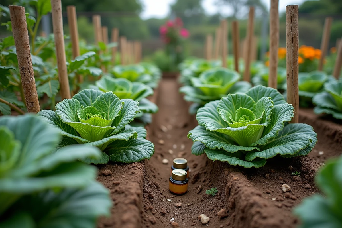 Dégâts de chenilles sur des feuilles de chou kale avec filet de protection et répulsifs naturels dans un potager bio