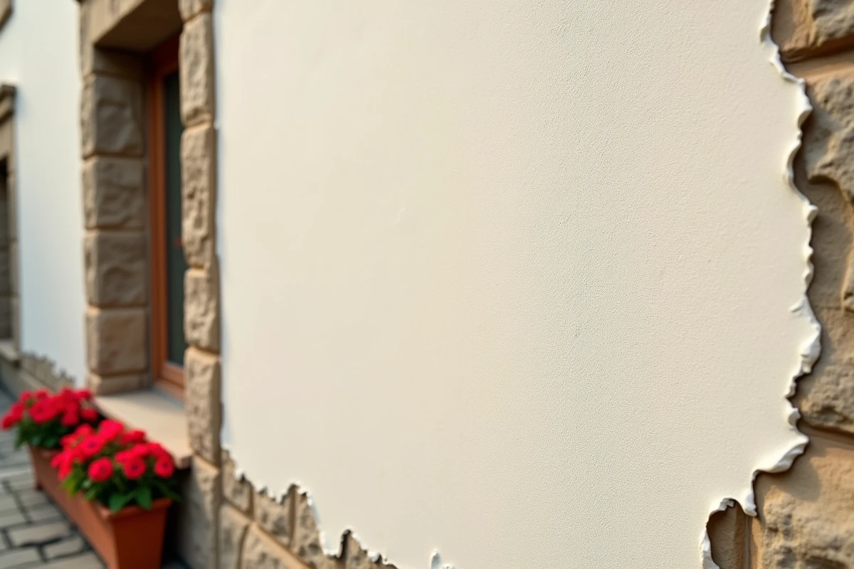 Détail d'une façade en pierre peinte avec un pistolet airless, montrant une couche lisse et homogène résistante aux intempéries