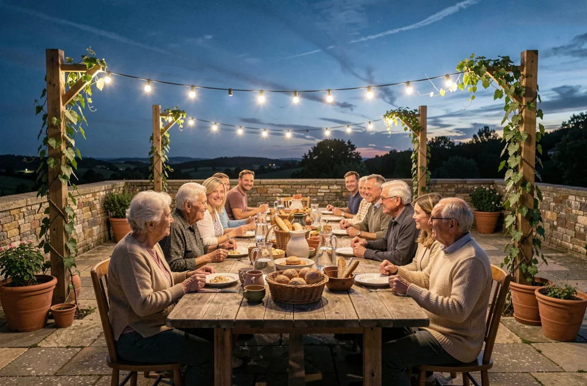 Dîner en famille sur une terrasse en pierre avec guirlande lumineuse solaire extérieure tendue au-dessus de la table dans une maison de campagne