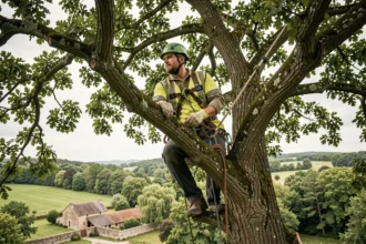 Élagueur grimpeur professionnel en train d'escalader un chêne mature dans une propriété rurale en Dordogne, équipé d'un harnais et d'un casque certifiés