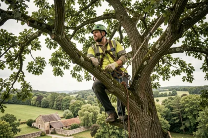 Élagueur grimpeur professionnel en train d'escalader un chêne mature dans une propriété rurale en Dordogne, équipé d'un harnais et d'un casque certifiés