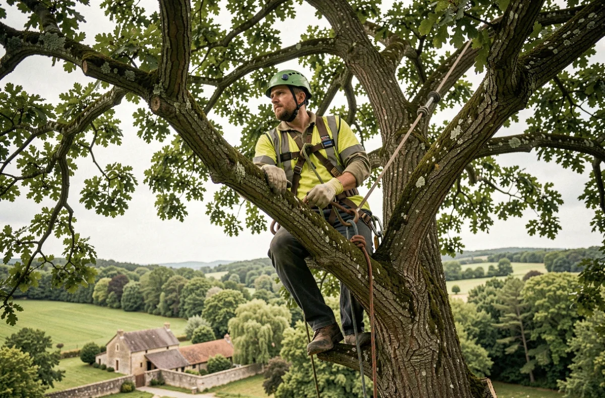 Élagueur grimpeur professionnel en train d'escalader un chêne mature dans une propriété rurale en Dordogne, équipé d'un harnais et d'un casque certifiés