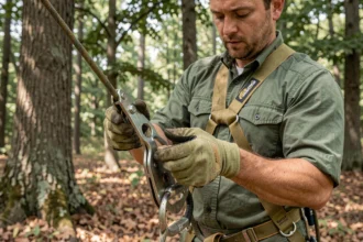 Élagueur professionnel inspectant un descendeur d'élagage métallique avec des gants de sécurité en forêt