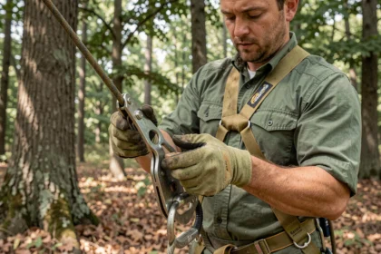 Élagueur professionnel inspectant un descendeur d'élagage métallique avec des gants de sécurité en forêt
