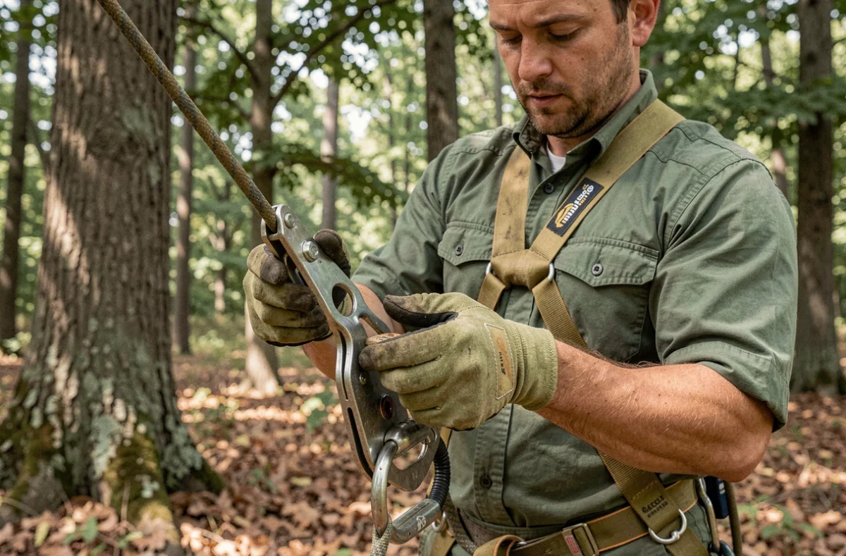 Élagueur professionnel inspectant un descendeur d'élagage métallique avec des gants de sécurité en forêt