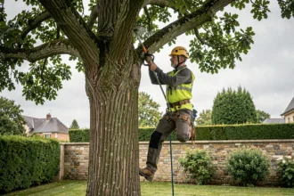 Élagueur professionnel en équipement de sécurité certifié taillant un grand chêne dans un jardin résidentiel